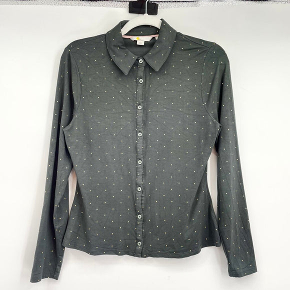 women Boden Gold Polka Dot Knit Button Front Collared Shirt Green Gray Top