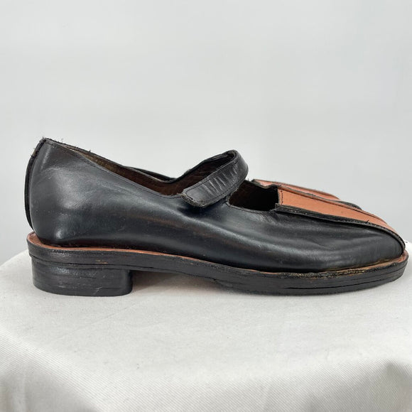 women Handmade Colorblock Leather Mary Janes Black and Brown Shoes 37/6.5