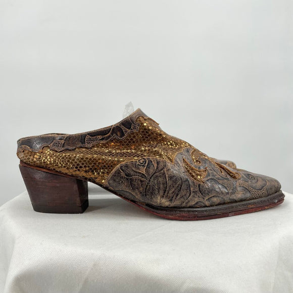women Handmade Tooled Leather and Copper Snakeskin Western Mules Brown Shoes 37.5/7
