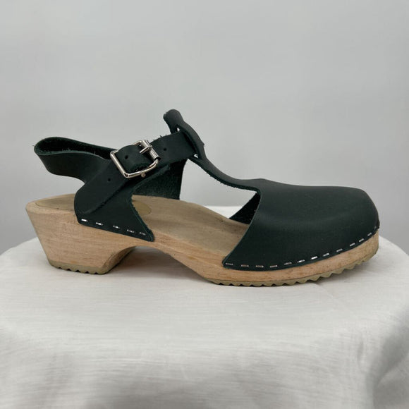 women Lotta from Stockholm Leather Wooden Heel Mary Jane Green Tan Shoes 38/7