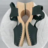 women Lotta from Stockholm Leather Wooden Heel Mary Jane Green Tan Shoes 38/7