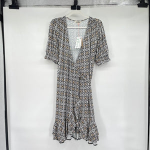 women NWT Knit Floral Wrap Black White Yellow Brown Dress 10R