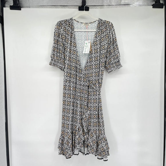 women NWT Knit Floral Wrap Black White Yellow Brown Dress 10R