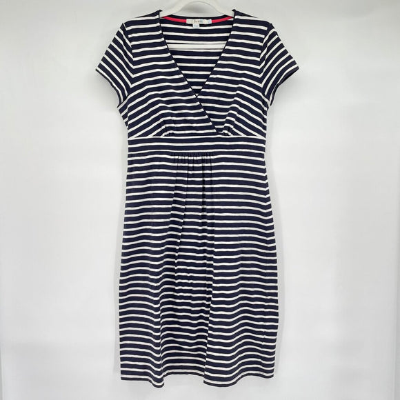 women Boden Splice Front Striped Knit Navy Blue and White Dress 10R