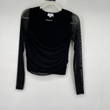 women Promise Shaper Fit Mesh-Sleeve Gathered Rib-Knit Top Black Top M