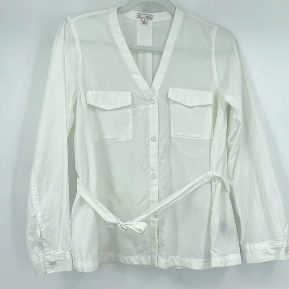 women Gap Cotton/Silk Belted Button Front Blouse Cream Top S