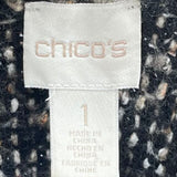 women Chico's Fringed Textured Open Cardigan Gray Black Rust Sweater 1/M