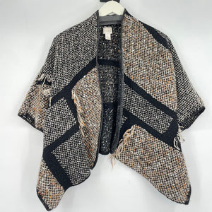 women Chico's Fringed Textured Open Cardigan Gray Black Rust Sweater 1/M
