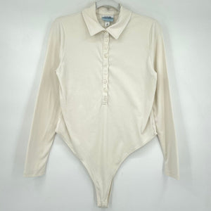 women Future Collective Long Sleeve Polo Bodysuit Cream Knit Top L