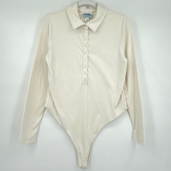 women Future Collective Long Sleeve Polo Bodysuit Cream Knit Top L
