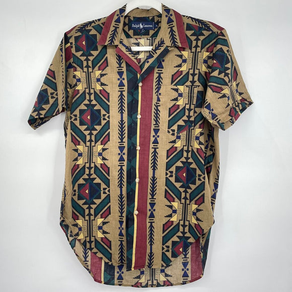 men Ralph Lauren Vintage Native Amer. Print Button Front Tan Multi Top M
