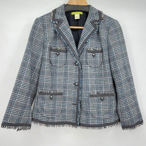 women Sigrid Olsen Glen Plaid Fringe Blazer Blue Gray Jacket 8