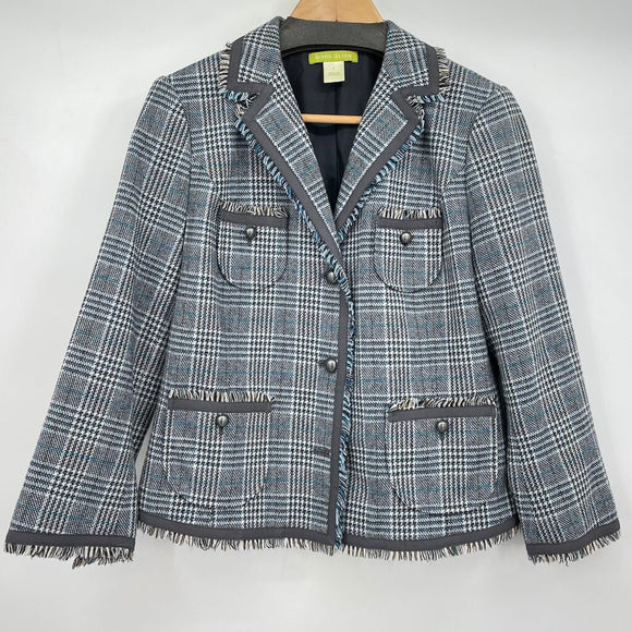 women Sigrid Olsen Glen Plaid Fringe Blazer Blue Gray Jacket 8