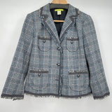 women Sigrid Olsen Glen Plaid Fringe Blazer Blue Gray Jacket 8