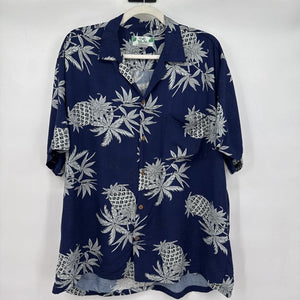 men Two Palms Hawaiian Pineapple Print Navy Blue Top L