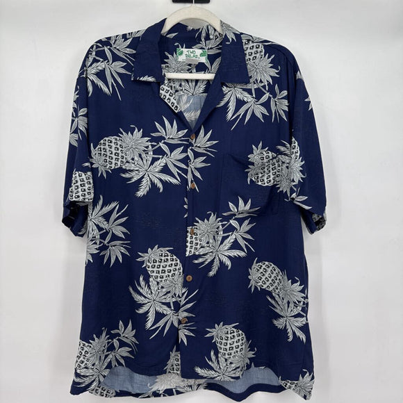men Two Palms Hawaiian Pineapple Print Navy Blue Top L