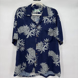 men Two Palms Hawaiian Pineapple Print Navy Blue Top L