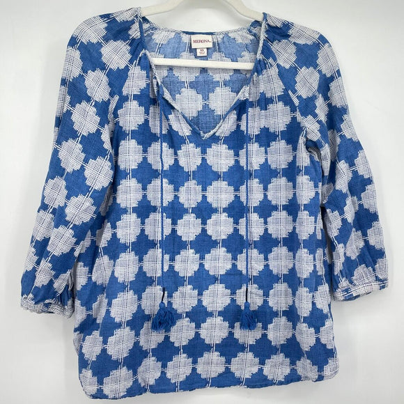 women Merona Boho Print Blue and White Top XS