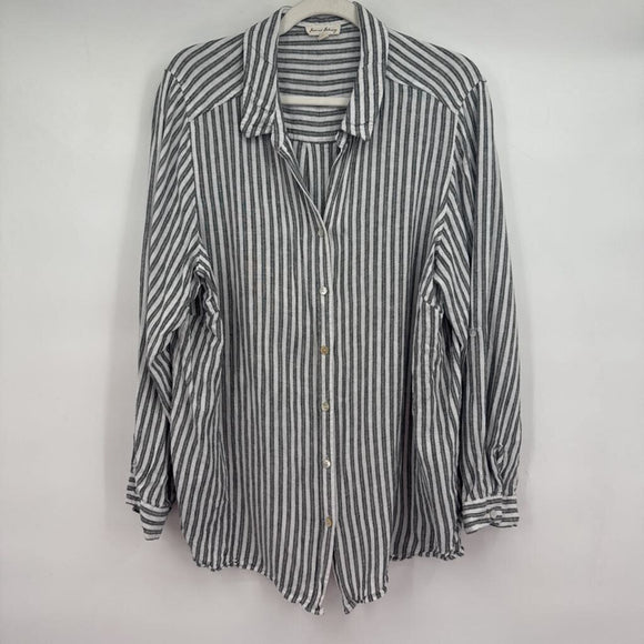 women Jane & Delancey Linen Blend Striped Button Down Gray White Knit Top 2X