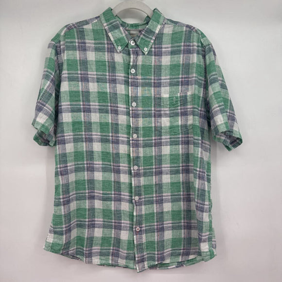 men Weatherproof Linen Blend Plaid Button Down Blue Green White Knit Top L