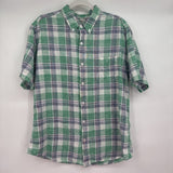 men Weatherproof Linen Blend Plaid Button Down Blue Green White Knit Top L