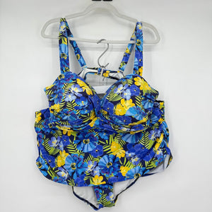women Lands End Floral Hawaiian Bikini Set Blue Yellow Swimwear 22W