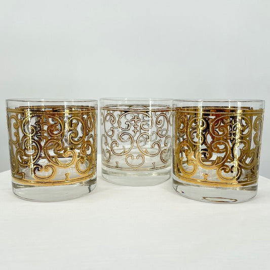 Set of 3 Georges Briard Spanish Gold Signed Lowball Glasses 1960s MCM Dishware