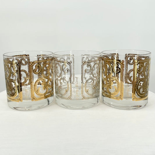 Set of 3 Georges Briard Spanish Gold Signed Lowball Glasses 1960s MCM Dishware