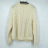 unisex Homemade Handknit Cable Crew Fisher Cream Sweater L