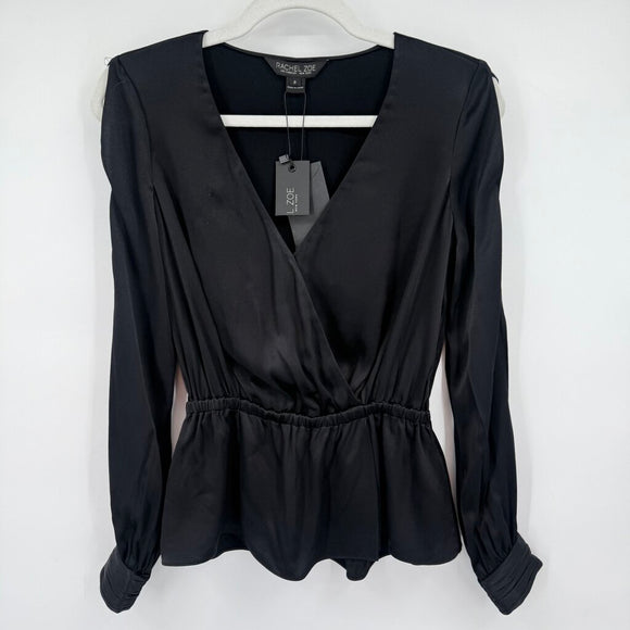 women Rachel Zoe NWT Splice Long Sleeve Satin Blouse Black Woven Top 0