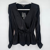 women Rachel Zoe NWT Splice Long Sleeve Satin Blouse Black Woven Top 0
