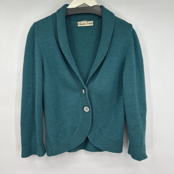 women Marion Foale 100% Wool Handknit Cardigan Teal Sweater M