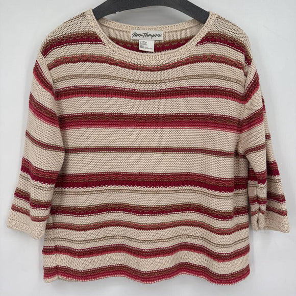 women Norm Thompson Half Sleeve Linen Cotton Striped Cream Red Sweater L