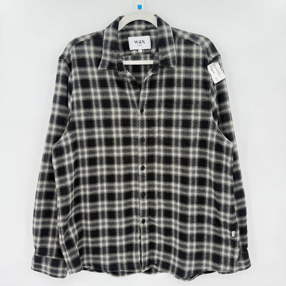 men Wax London Plaid Flannel Shacket Black White Woven Top XL