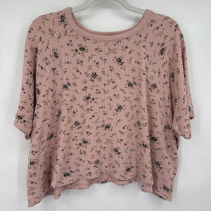 women Madewell Floral Oversized Cropped Waffle Knit Pink Multi Knit Top M