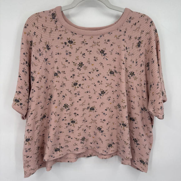 women Madewell Floral Oversized Cropped Waffle Knit Pink Multi Knit Top M