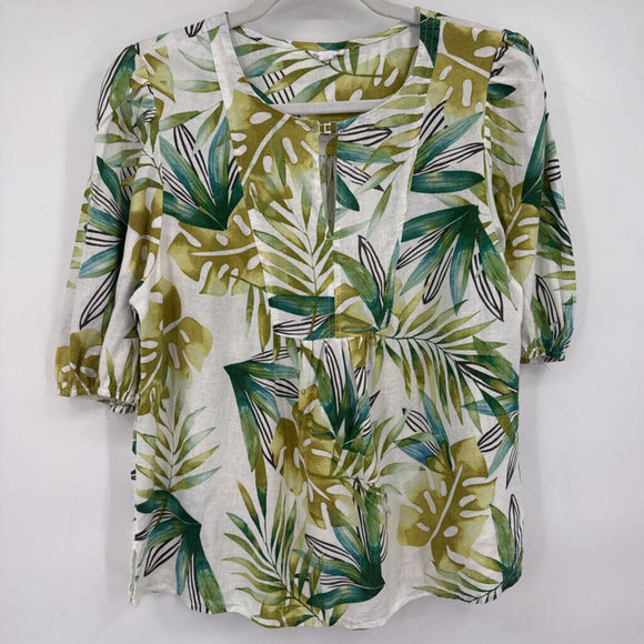 women Sigrid Olsen Linen Blend Botanical Puff Sleeve White Green Woven Top M