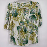 women Sigrid Olsen Linen Blend Botanical Puff Sleeve White Green Woven Top M