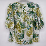 women Sigrid Olsen Linen Blend Botanical Puff Sleeve White Green Woven Top M