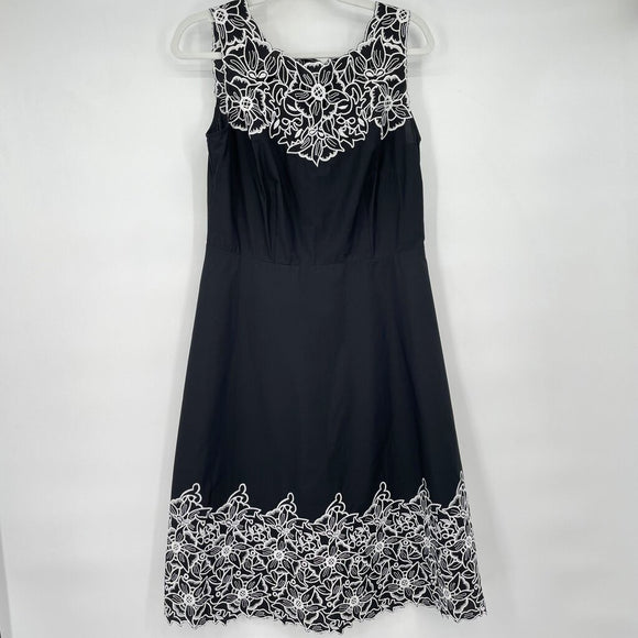 women Talbots Sleeveless Embroidered Black White Dress 6