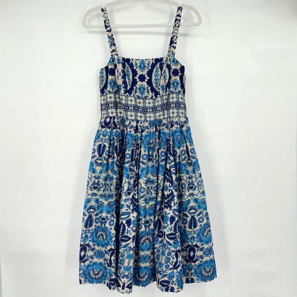 women Taylor Fit and Flair Cotton Patterned Sundress Beige and Blue Dress 6