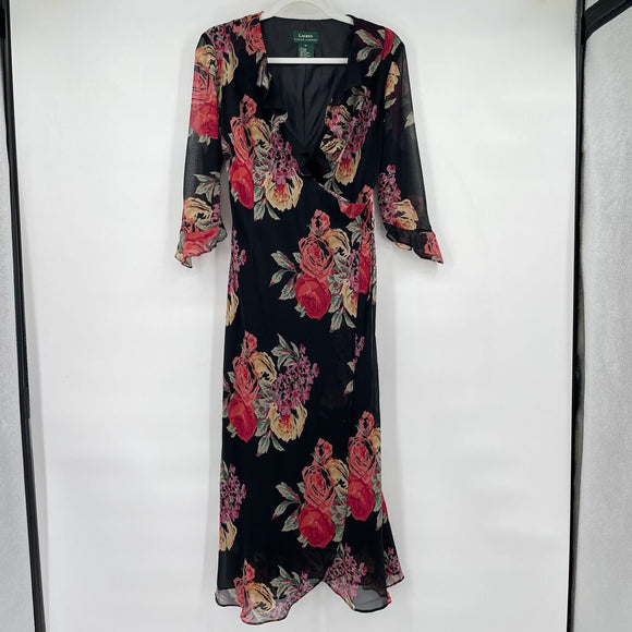 women Lauren Ralph Lauren Vintage Silk Floral Wrap Midi Black Dress 4