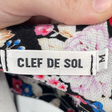 women Clef de Sol Floral Print Knit Short Sleeve Black Dress M