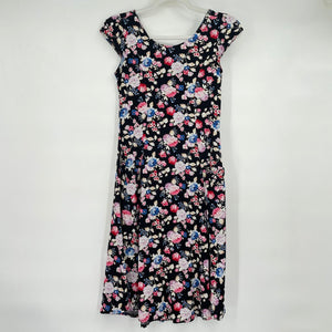 women Clef de Sol Floral Print Knit Short Sleeve Black Dress M