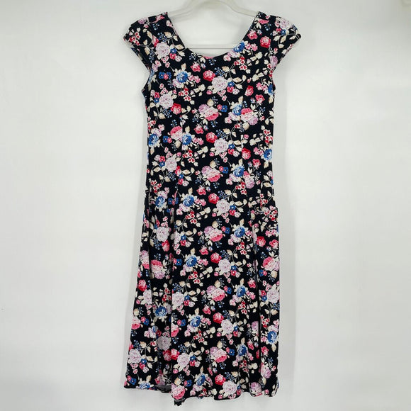 women Clef de Sol Floral Print Knit Short Sleeve Black Dress M
