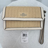 women Coach NWT Straw Leather Flapover Wristlet Cream Tan Purse