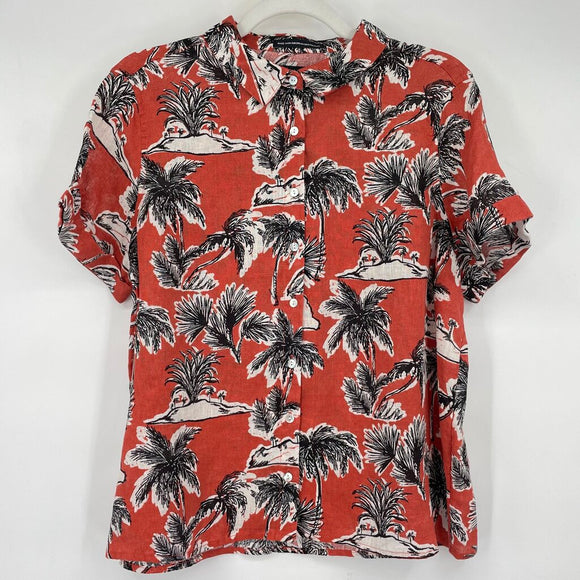 women Tahari NWT Palm Print Linen Red Woven Top M