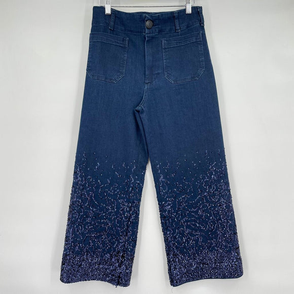 women Maeve - Anthro Sequined Wide Leg Blue Jeans 4P