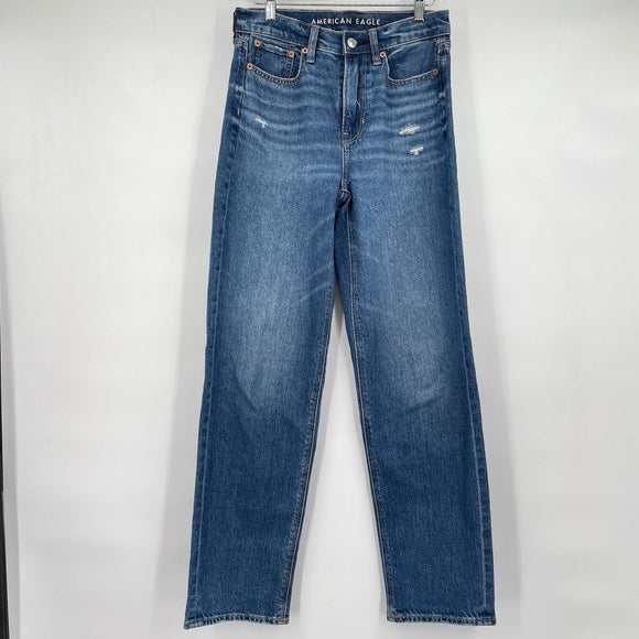 women American Eagle Super High Rise Baggy Straight Blue Jeans 0