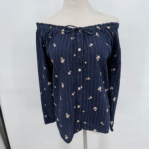 women Style & Co Off Shoulder Floral Metallic Stripe Navy Woven Top XL